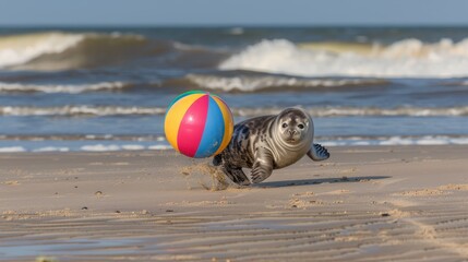Obraz premium A baby seal frolics with a beach ball on a sandy shore beside tranquil water, featuring gentle waves and an engaging background