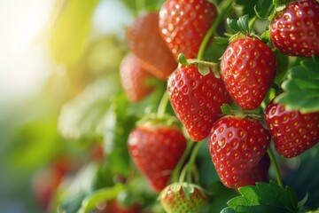 Close-up of hydroponic strawberries ripening on the vine, highlighting pesticide-free fruit production.