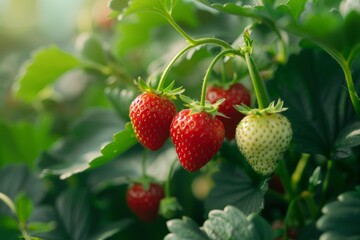Close-up of hydroponic strawberries ripening on the vine, highlighting pesticide-free fruit production.