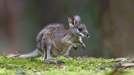 Fototapeta premium A tight shot of a tiny kangaroo on a blanket of grass Foreground filled with detailed leaves Background softly blurred