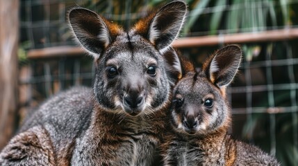   A pair of kangaroos standing side by side in a fenced enclosure, surrounded by trees in the backdrop