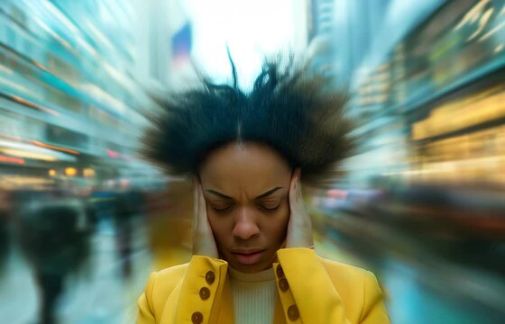 Slow Motion video of Young African American Woman Feeling Hypoglycemic in Busy Urban Setting
