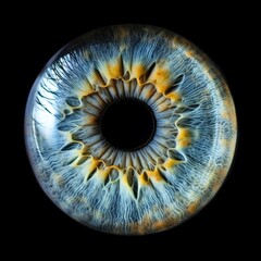A closeup shot of an electric blue and yellow eye on a black background