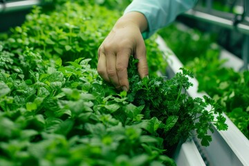Farmer tending to hydroponic herbs like mint and cilantro, showcasing diverse crop cultivation in soil-less systems.