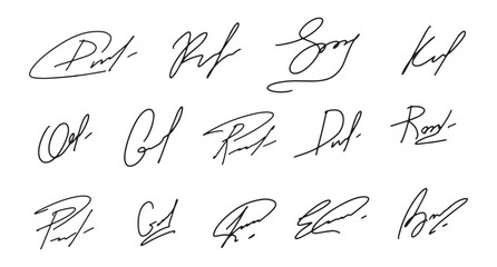 Fake hand drawn autographs . Handwritten signature scribble for business certificate or letter.