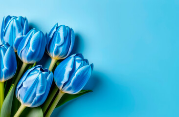 blue tulips flowers on blue background. Waiting for spring. Happy card with copy space. Flat lay, top view