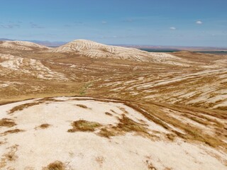 Desert hills covered in dry brown grass texture. Lost Hills, California, United States of America.