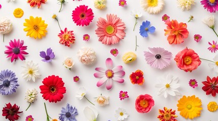 Top view of colorful flowers scattered on a white background