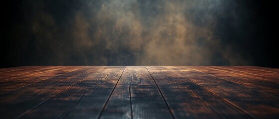 Banner, Dark smoky haze over wooden floor background creates an air of mystery. Empty stage with...