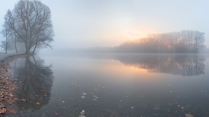 A panoramic view of a misty morning over a calm lake, where the mist subtly shifts in color from a soft gray to a whisper of lilac, reflecting the early morning sky.
