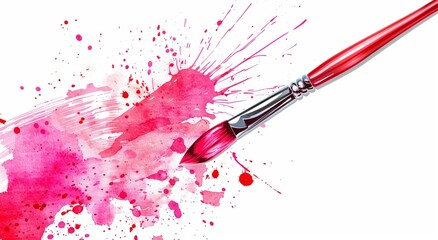 Vibrant pink watercolor splash with a paintbrush on a white background