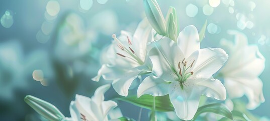 Elegant white lilies in soft focus with subtle bokeh background, capturing the serene beauty of nature