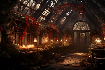 3d rendering of an old greenhouse with a lot of red flowers