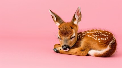 Fototapeta premium A small deer rests atop a pink floor Nearby, another small deer head is mounted on the pink wall