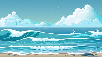 Summer Seascape Featuring Beautiful Waves Against A Backdrop Of Clear Blue Sea, Inviting Relaxation And Tranquility, Cartoon Background