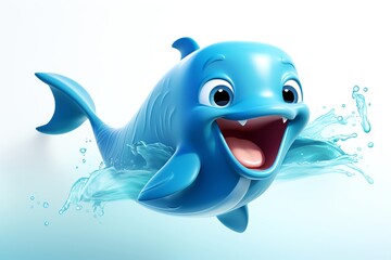 A cartoon whale spraying water from its spout, ocean blue and joyful, isolated on a white background