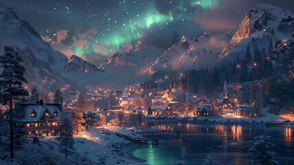 a norwegan norse style artwork of a snowy town, northern lights, forest and lake in background,generative ai