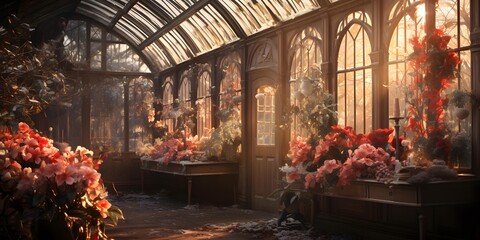 A panoramic shot of a greenhouse in the early morning light