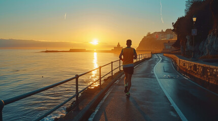 A solitary runner jogs along a seaside path with a beautiful sunrise illuminating the sky and water.