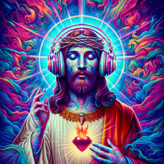 Digital art vibrant colorful psychedelic jesus with headphones vibin to music