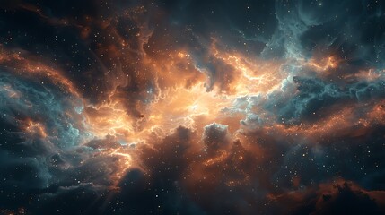 A digital art piece depicting a stylized version of the night sky, with bold starburst effects and nebula-like formations in a rich palette of dark blue and green.