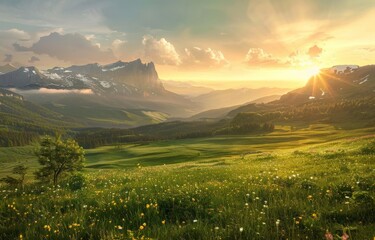 Sunset over Lush Green Meadows and Rugged Mountain Peaks on a Clear Evening