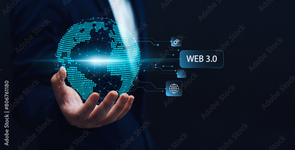 Poster future internet blockchain business person interacting with web 3.0 global communication and network