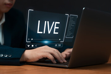 Live Streaming tool for business promotion concept, using laptop computer live streaming...