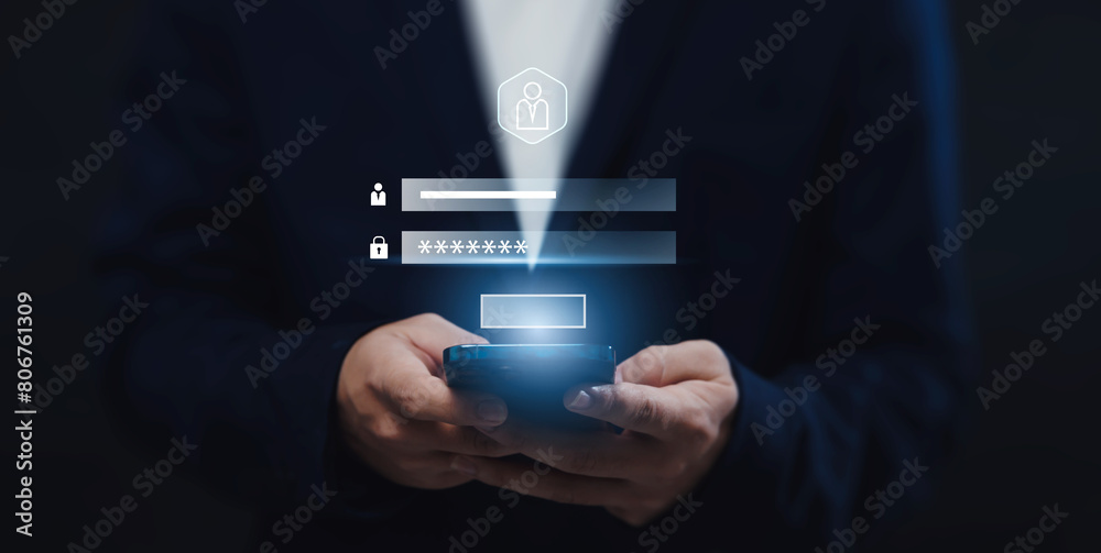 Aufkleber digital internet security and verification of business person using smartphone to verify system acce