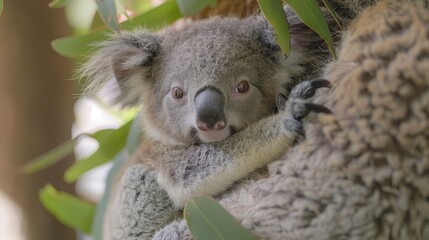   A koala rests atop an adjacent tree branch, its head close to that of another koala