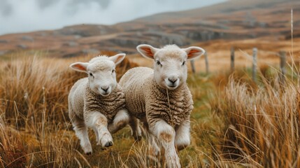 Obraz premium Two sheep run in a grassy field, mountains in the background, a fence in foreground