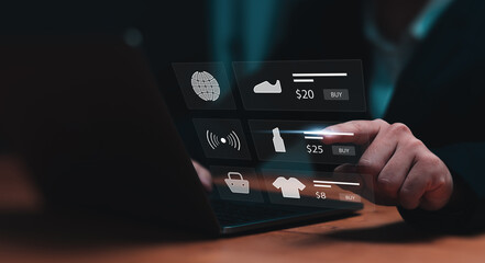 Live broadcast shopping products online live on social platforms or an ecommerce store, live video store business. With graphics icon businessman using laptop background.