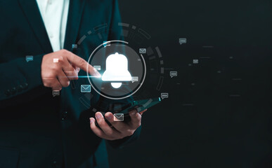 Notification business connectivity concept for digital communication with captivating email and marketing notifications. Businessman using mobile phone. Explore the future of internet technology.