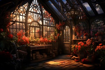 Beautiful flowers in a greenhouse. Panoramic view. 3d render