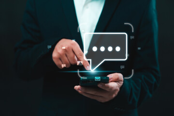 Notification business connectivity concept for digital communication with captivating email and marketing notifications. Businessman using mobile phone. Explore the future of internet technology.