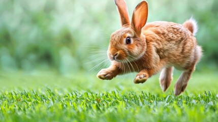   A small brown rabbit hops through a field of emerald grass, paws lifted