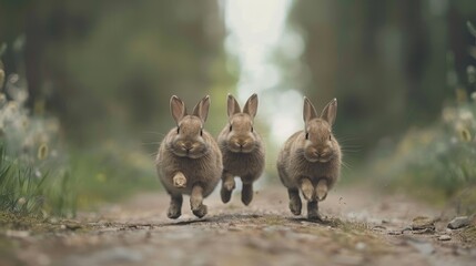   Three rabbits dash down a dirt path, framed by tall forest grasses and towering trees in the background