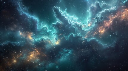 Fototapeta premium A mesmerizing cosmic scene of a dark blue-green night sky, dotted with vibrant starburst effects and nebula-like diffusion, evoking the vastness and mystery of the universe.