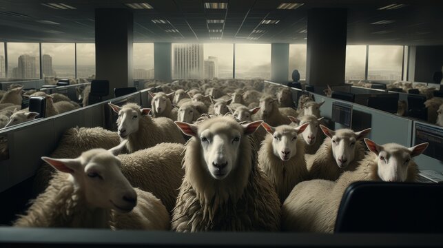 Produce a CG 3D rendering of a panoramic view capturing the tense atmosphere as a wolf in sheeps clothing maneuvers through a labyrinth of office cubicles