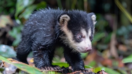   A small black-and-white animal stands atop a forest floor dotted with green leaves Surrounding it is a lush, green forest filled with leaves