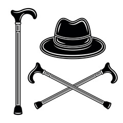 Fedora hat and crossed canes vector Illustration in black and white style isolated on white background