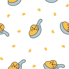 Kawaii yolk with funny face. Seamless pattern. Cartoon egg character for breakfast. Hand drawn style. Vector drawing. Design ornaments.