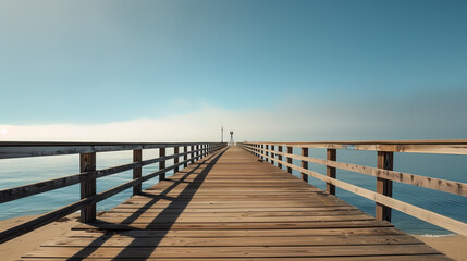 Fototapeta premium A wide wooden pier going off into the distance. the Pacific Ocean is on either side. sunny day