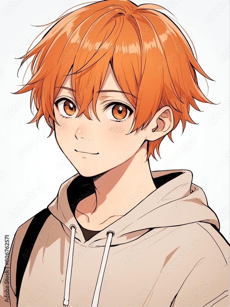 Poster portrait of orange hair young boy posing shy cute on plain white background anime cartoon style from Generative AI