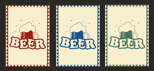 Retro beer logo set. beer day. mug of beer with foam. Illustration for web, flyer, poster, party. Drink and beverage. beer label. vintage style. Red, blue and green color. Stock vector