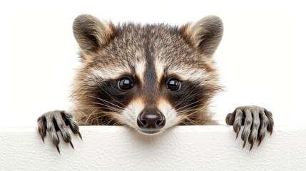 Fototapeta premium A raccoon gazes over a white surface, its paws at the edge