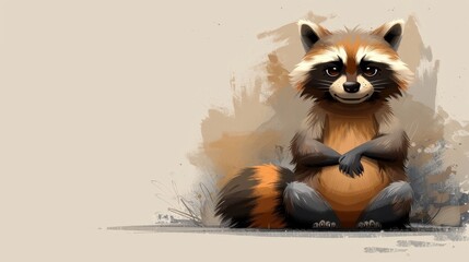   A painting of a raccoon seated on the ground, its paws resting on its hips
