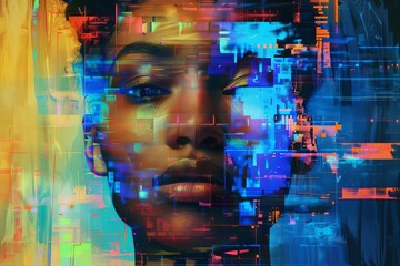 advanced facial recognition ai technology holographic geometric patterns mapping african american womans face cyber security and privacy concept digital painting
