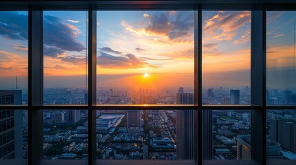 sunset cityscape view from high - rise apartment window featuring towering buildings and a clear blue sky, with a prominent glass window in the foreground