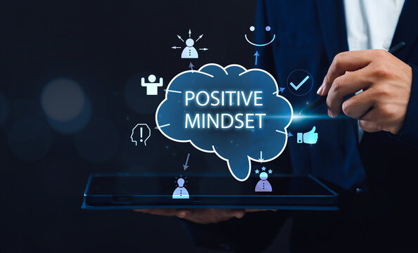 Success with a positive mindset and good mentality. Motivation, creativity, and determination for a thriving environment. Increase business success through positivity, using Digital Tablet.